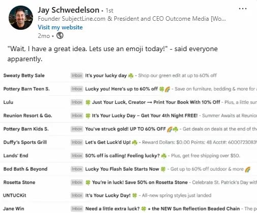 Screenshot of Jay Schwedelson's LinkedIn page showing an inbox full of subject lines bearing shamrocks