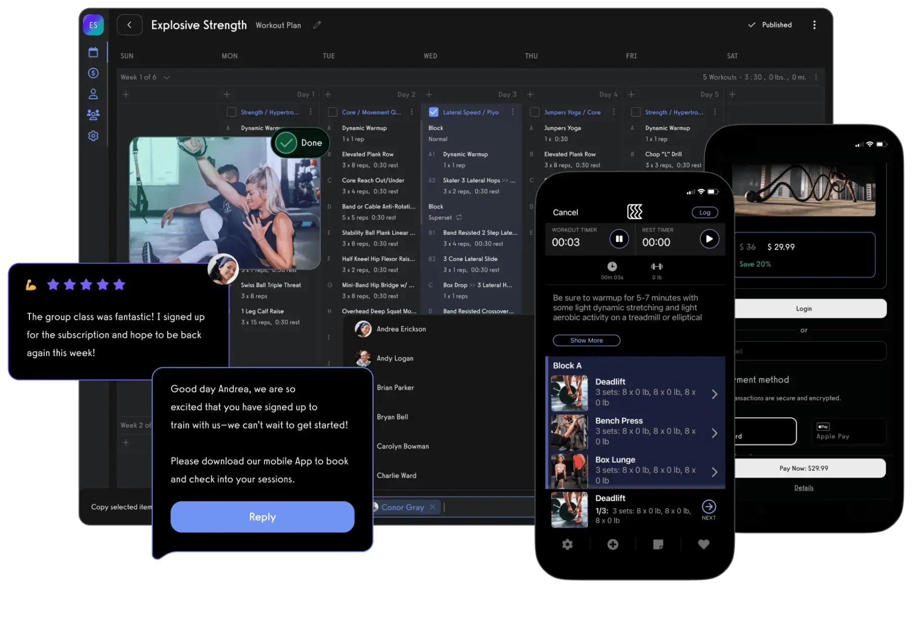 Exercise.com platform showing workout delivery, member progress tracking, and custom-branded mobile app
