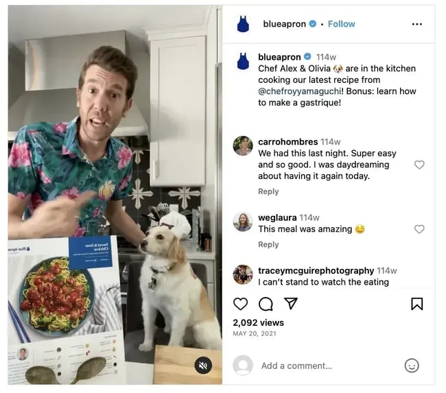 blue apron’s instagram post, testimonial page examples