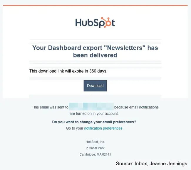 hubspot transactional email that a dashboard export is ready for download