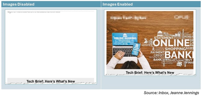 images of the top of an email; when images are disabled it’s a big blank block, when images are enabled it looks good