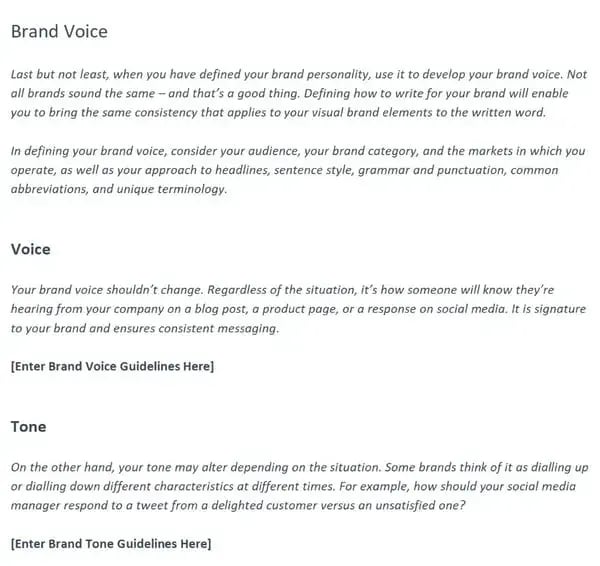 screenshot of a content style guide template
