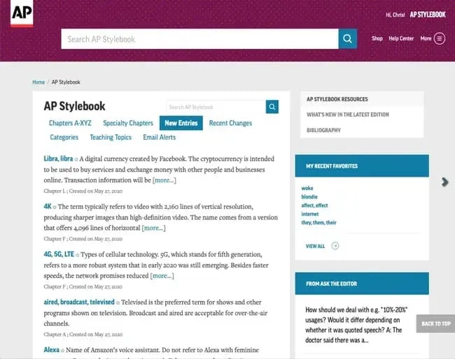 screenshot of ap stylebook