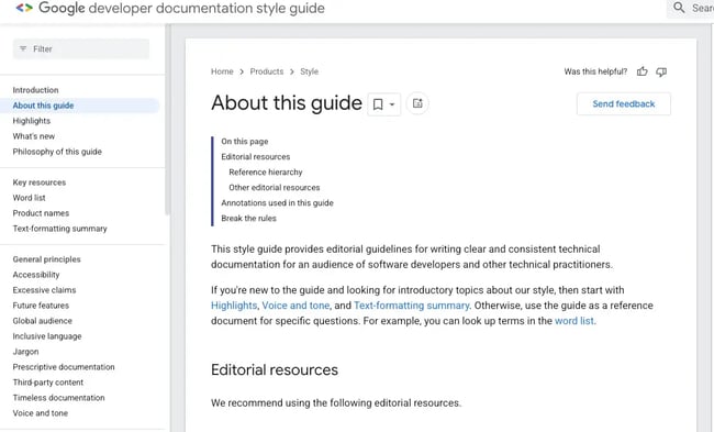 screenshot of google’s content style guide for developers