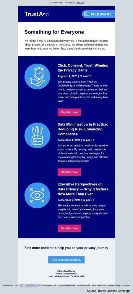 trustarc email featuring 3 different webinars you can register to attend