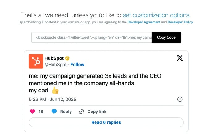 x social media post html embed code