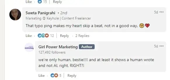 social media seo: screenshot of girl power marketing chatting on social media