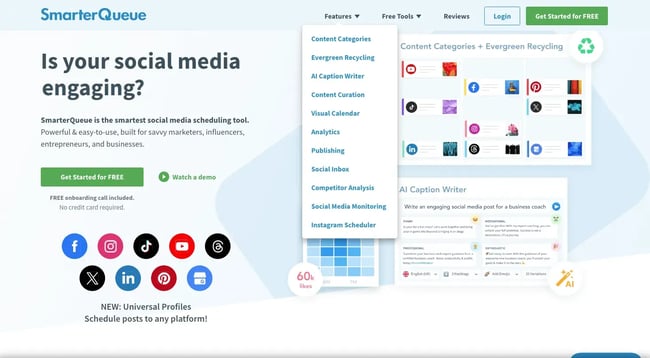 Screenshot of SmarterQueue dashboard showing Social Inbox and monitoring features
