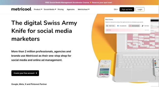 Screenshot of Metricool dashboard showing analytics and inbox features