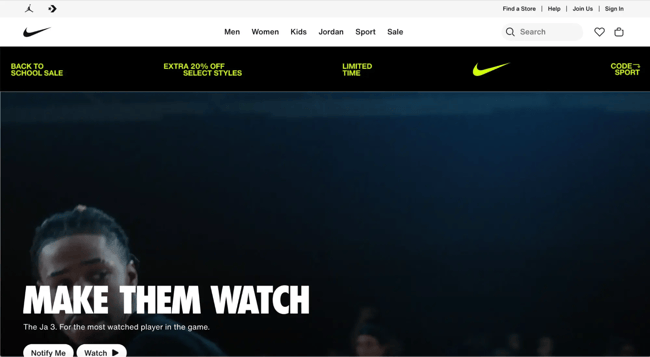 what to put on a homepage of a website, example from nike