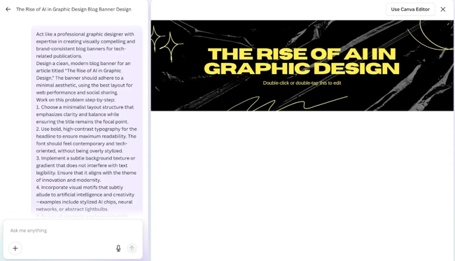 canva ai interface and my prompt, blog banner designed by canva ai
