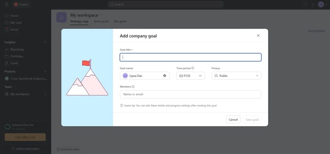 goal setting through asana, company goal setting interface on asana