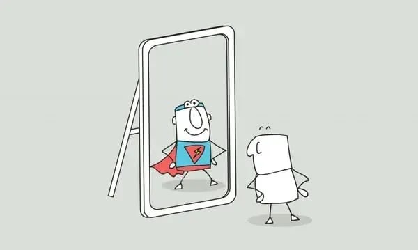 illustration of a simple stick figure character looking at their reflection in a mirror, where they appear as a superhero with a cape