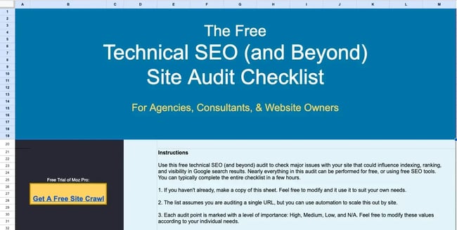 mozs free technical seo site audit checklist for agencies, consultants, and website owners showing step-by-step instructions and get a free site crawl button