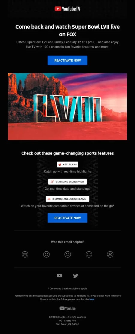 re-engagement email from youtube tv