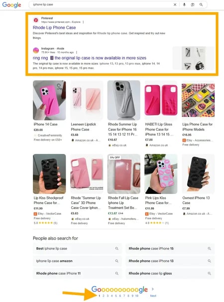 screen shot of social media pages showing up on the first page of a google search