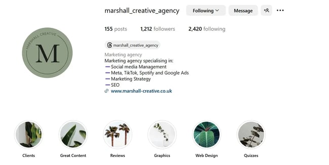 screenshot from marshall’s instagram showing how she uses her bio, username, handle, and highlights for seo and social media success.