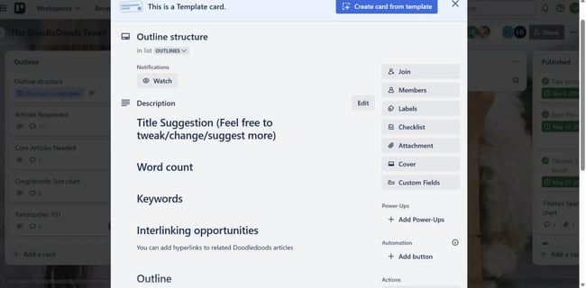 trello card with article outline, templated trello card