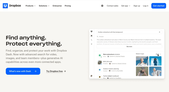 what to put on a homepage of a website, example from dropbox homepage