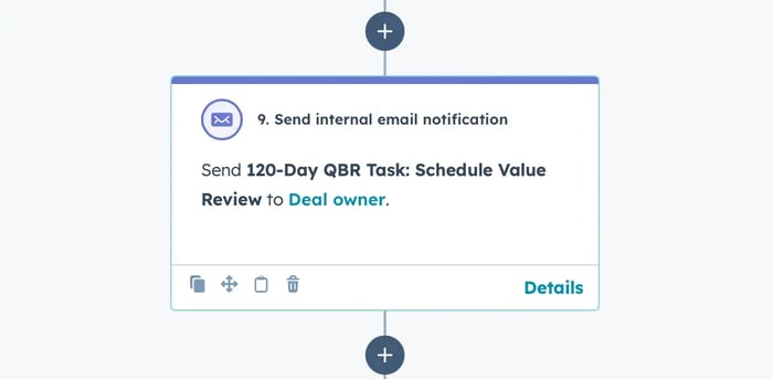 screenshot of 120-day qbr task on b2b renewal workflow in hubspot